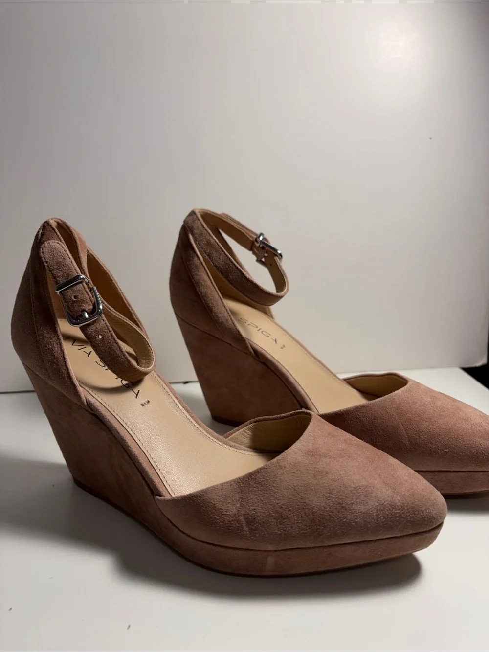 Via Spiga Dusty Rose Suede Ankle-Strap Wedges